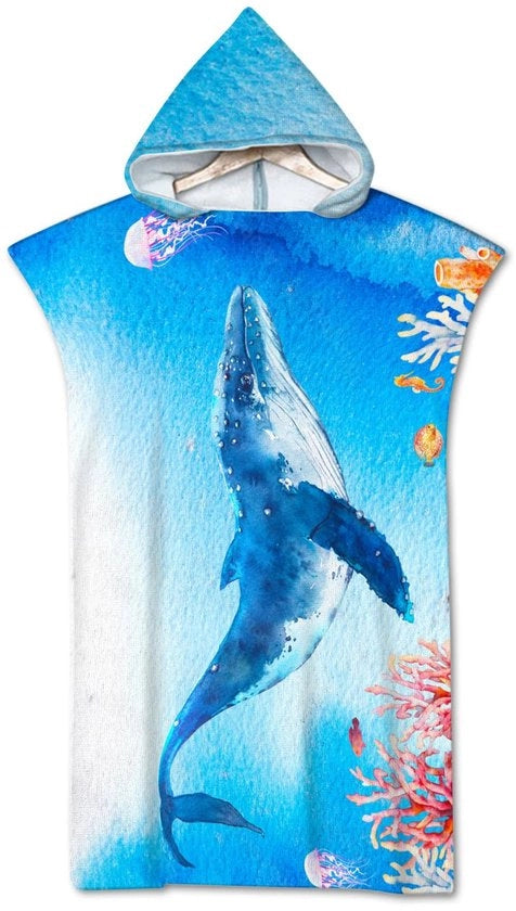 Strandlaken Microfibra con Disegno di Animali Marini, Oceano Blu, con Cappuccio, Asciugamano Poncho per Bambini e Adulti (Blauwe Walvis - 75x110cm)