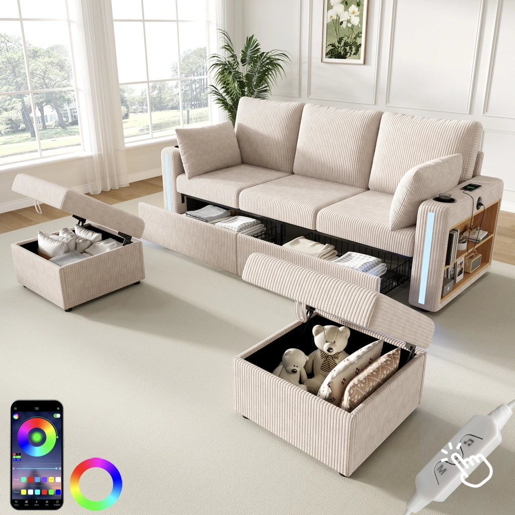 Divano modulare a U e L con contenitore; luci LED e USB in velluto a coste beige