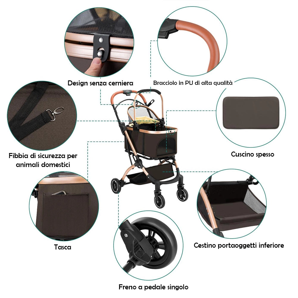 Passeggino 2in1 per Animali Domestici Carrozzina Cani Gatti Convertibile Marrone