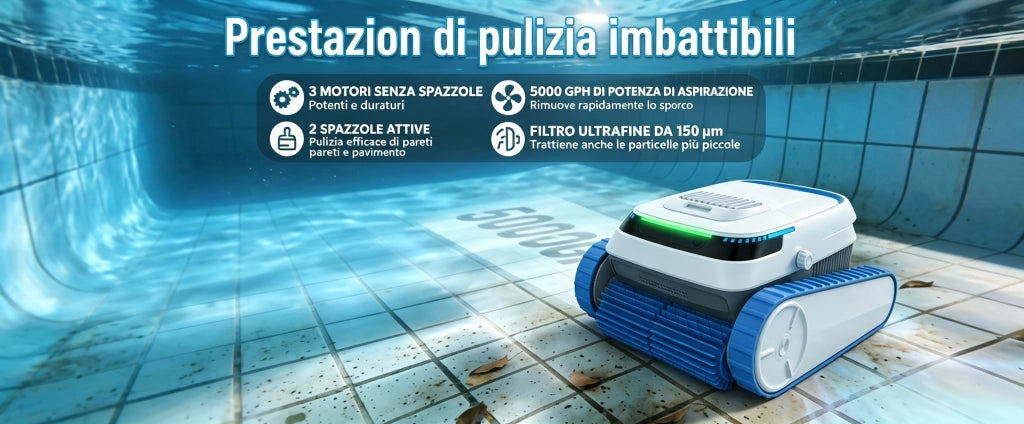 Robot per piscina 5200mAh 120min 3 Motori 3 Modalità Pulizia Auto/Fondo/Muro APP Smart