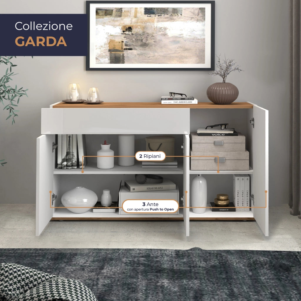WHOUS Credenza Garda 3 ante e 1 cassetto bianco lucido e rovere 120,1x35x70 cm