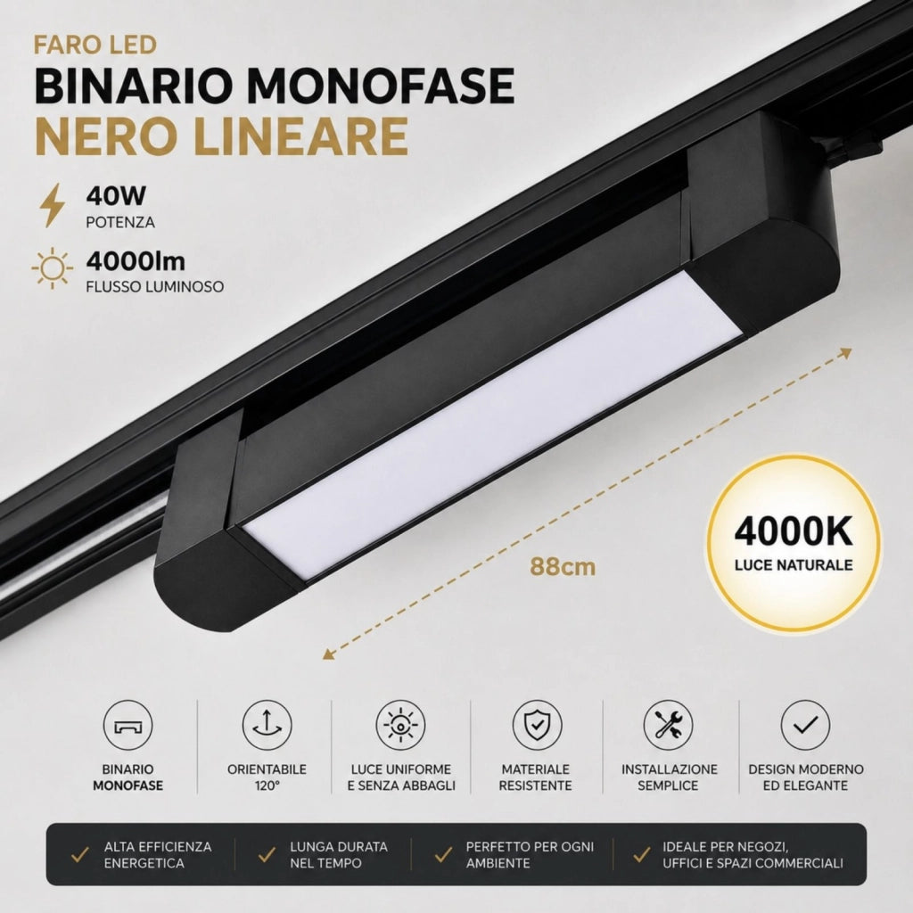 Faro Led Binario Monofase, Nero Lineare 88cm 40W 4000lm 120° Orientabile, Disponibili 3000K 4000K (Bianco Neutro 4000K)