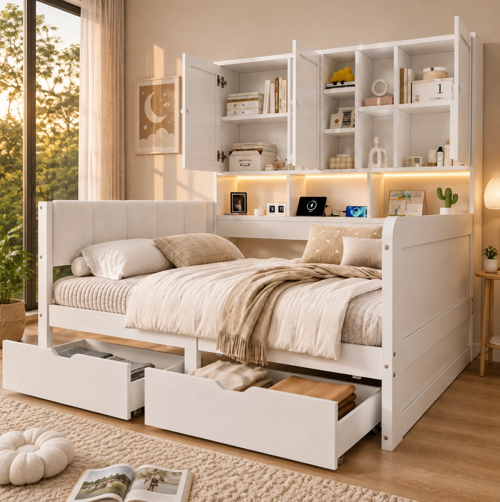 Letto 90x200 con contenitore, LED, USB e testiera imbottita