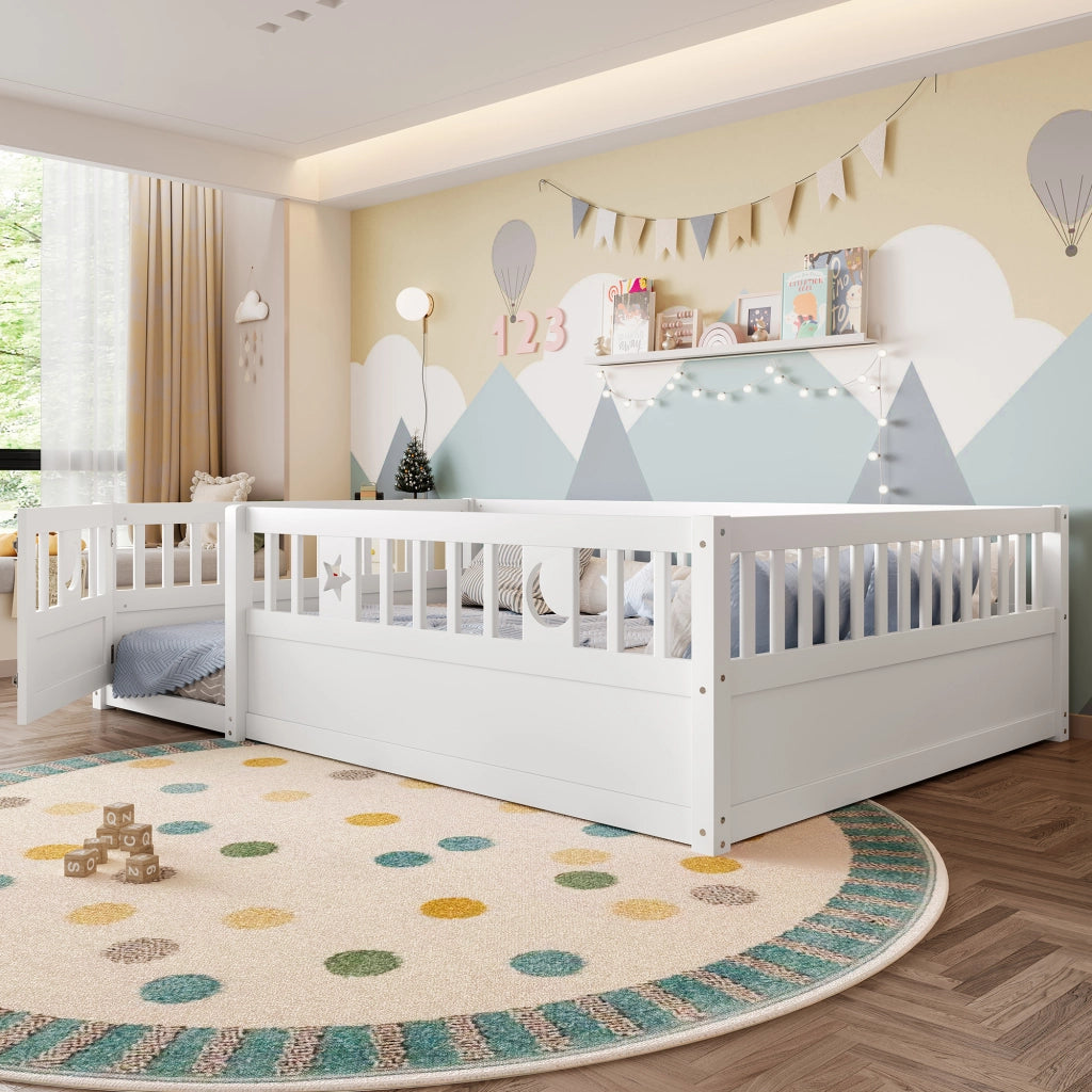 DESMIU Letto per Bambini 140 × 190 cm 2 Posti con Sponde di Sicurezza e Cancelletto con Chiusura, Senza Materasso, Bianco