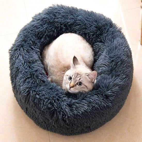 Cuscino per cani in piuma - Gatto sedile a forma di donut - Tappeto antiscivolo per animali - 60 cm di diametro - Grigio scuro