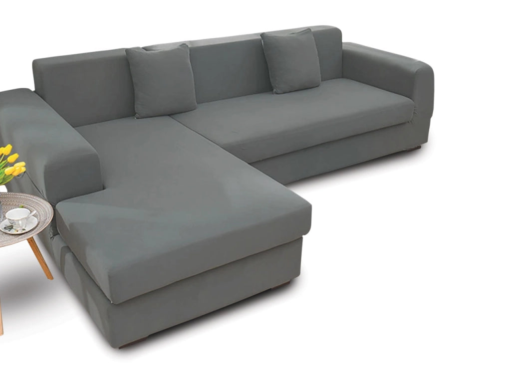 Copridivano Antimacchia Elasticizzato Penisola Componibile Tinta Unita Modello Perfetto - 3 Posti - Grigio Scuro