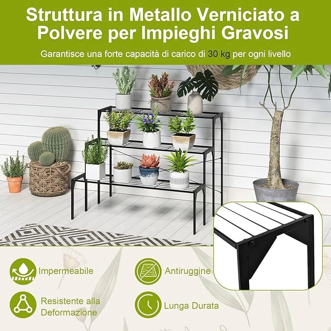Scaffale Portafiori a 3 Ripiani, Porta Piante da Esterno e Interno a Scala, Scaffale Porta Vasi di Metallo per Balcone, Soggiorno e Giardino