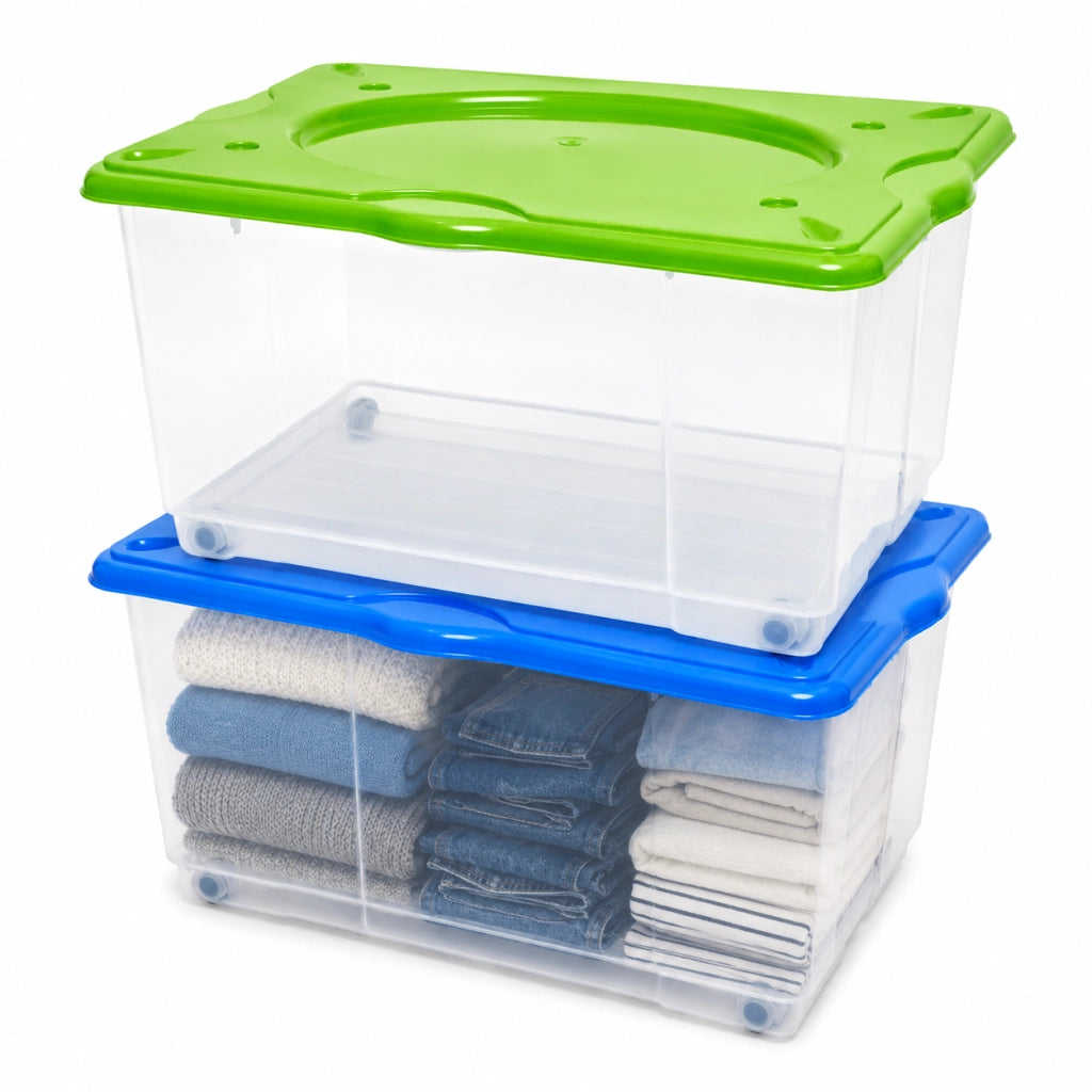 Kit 2 Scatole Porta Tutto 60 LT Trasparenti con Ruote 60x40x33 cm Contenitori Salvaspazio