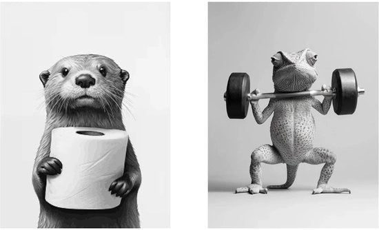 Decorazione per la camera da bagno YOUZMY, coppia di poster divertenti con un otter e un fitnesshagedis, poster in bianco e nero, dimensioni 30 x 40 cm (senza cornice)