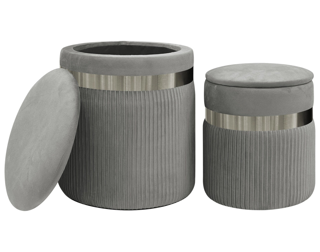 Set Di 2 Pouf Contenitori In Velluto Design Moderno Poggiapiedi,Sgabello Tondo con Coperchio Rimovibile e Seduta Imbottita Alta DensitÃ  Con Fascia In Metallo Contenitore Capiente Storage Box Grigio scuro