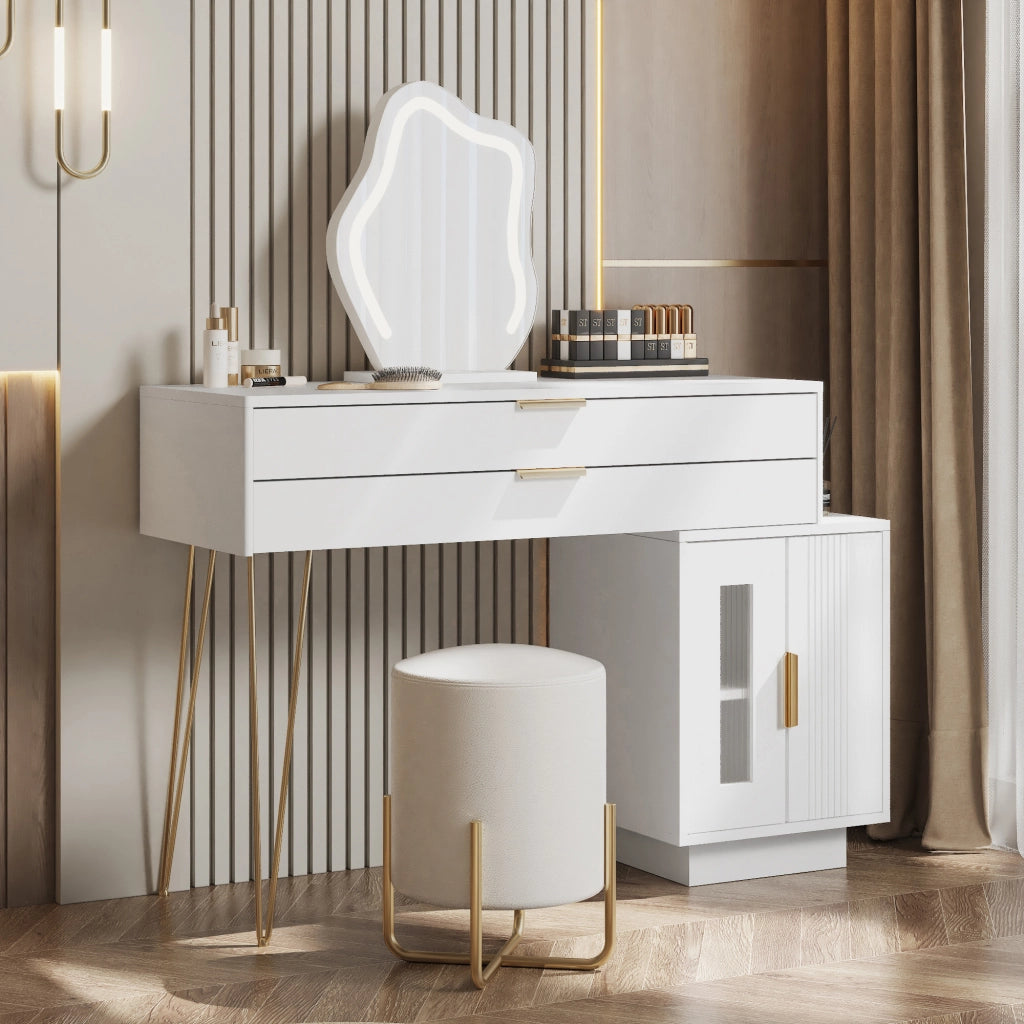 Toeletta bianca con specchio LED a 3 luci, due cassetti e design scorrevole
