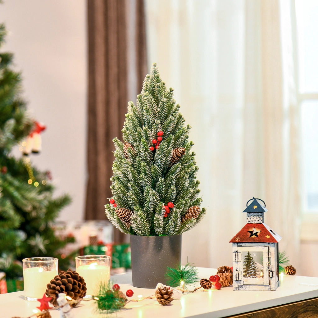 Albero di Natale artificiale, albero di Natale da tavolo, 170 rami, design innevato con base in plastica, bacche, pigne, PE PVC, ?27 x 47 cm