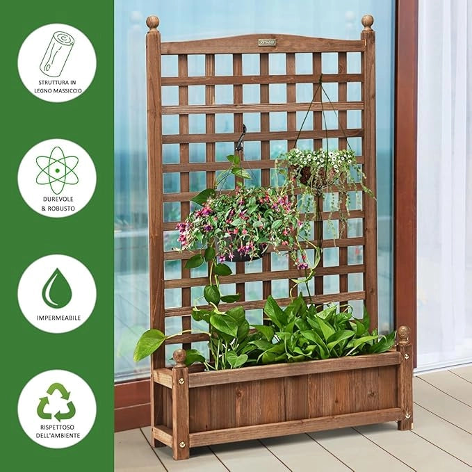 Fioriera da Esterno in Legno Massiccio con Traliccio, Letto Rialzato con Grigliato per Piante Rampicanti e Fiori, Fioriera Resistente alle Intemperie per Giardino, Patio e Cortile