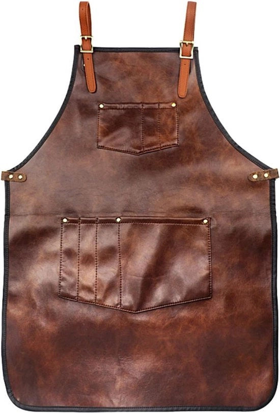 Schort di cucina in PU - BBQ - Cintura incrociata - Marrone - Schort da cucina - Borse - Grigliare - Schort da barbiere - Adatto per cucinare e fabbricare con borse pratiche - Marrone.