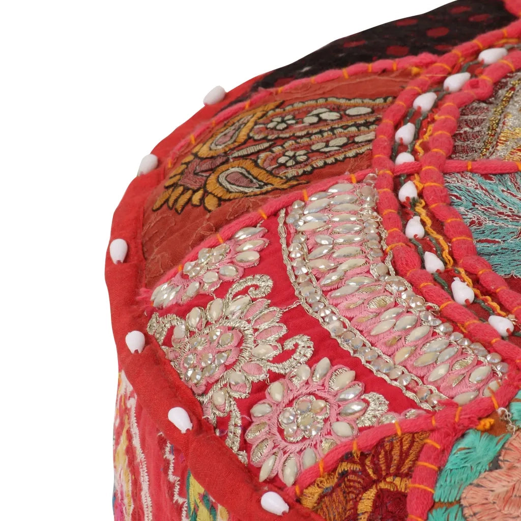 Pouf Patchwork Rotondo Fatto a Mano in Cotone 40x20 cm Rosso 246571