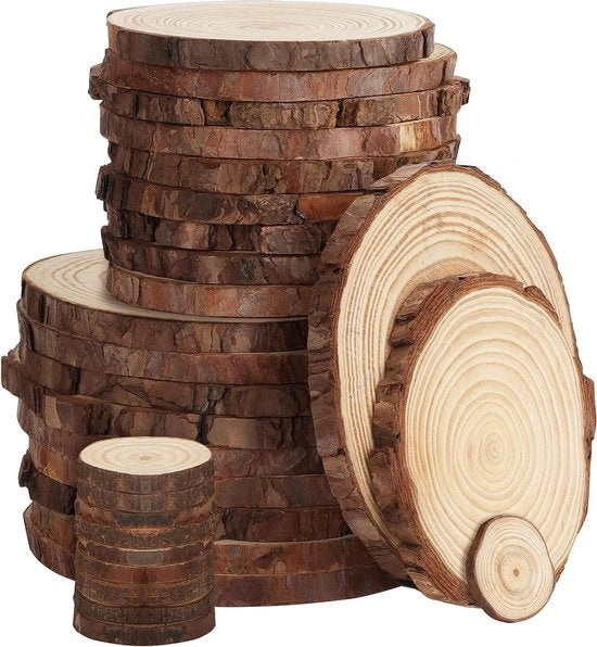 Set di Lavorazione del Legno - Non Rifinito - 30 pezzi - 3-16 cm - Cerchi di Legno - Hobby e Decorazione - Legno Naturale - Adatto per Fai da Te, Natale, Matrimonio