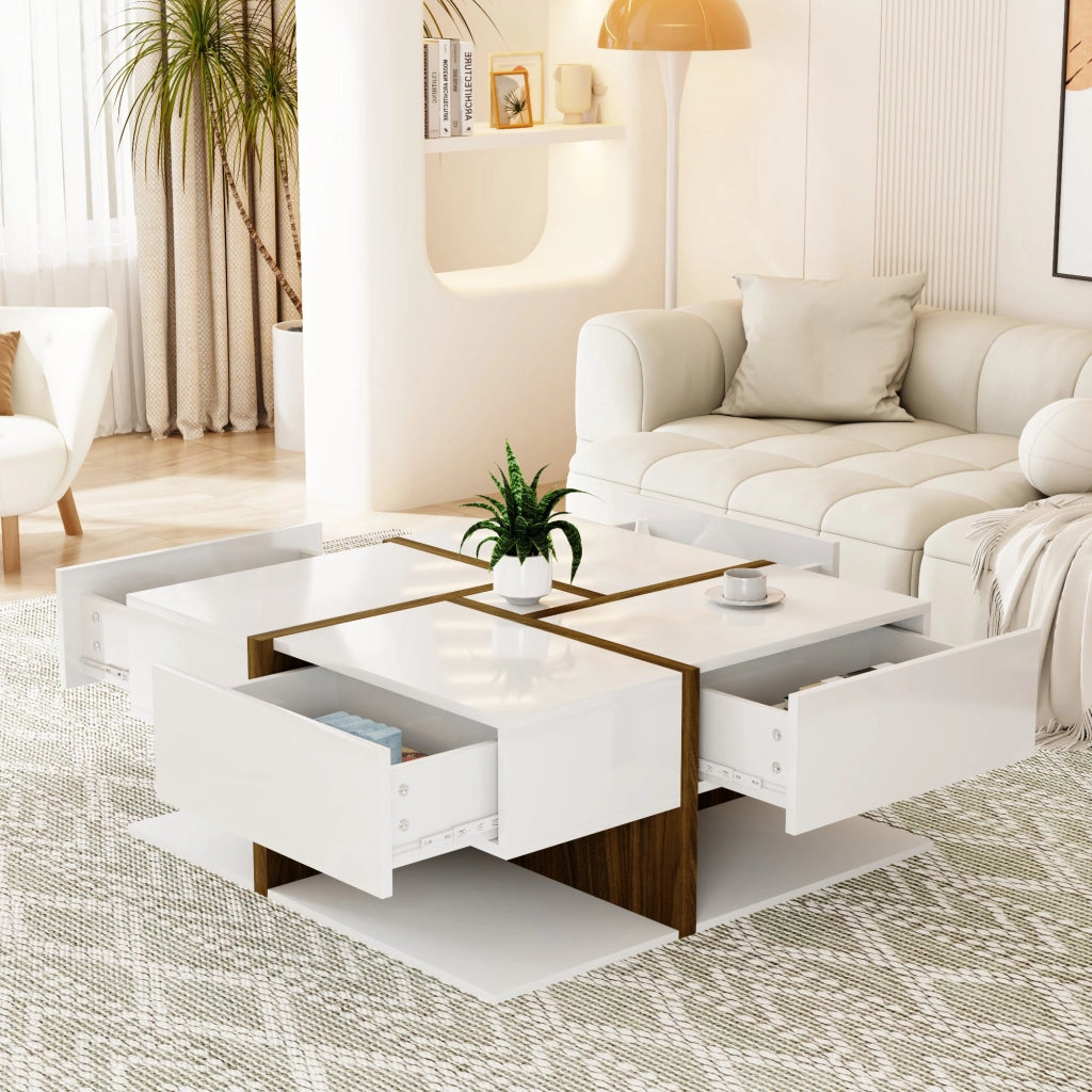 Tavolino da Caffè Quadrato con 4 Cassetti e Ripiano; Motivo a Linee; Finitura Lucida; in Pannello Truciolare; Bianco; 78×78×34;8 cm