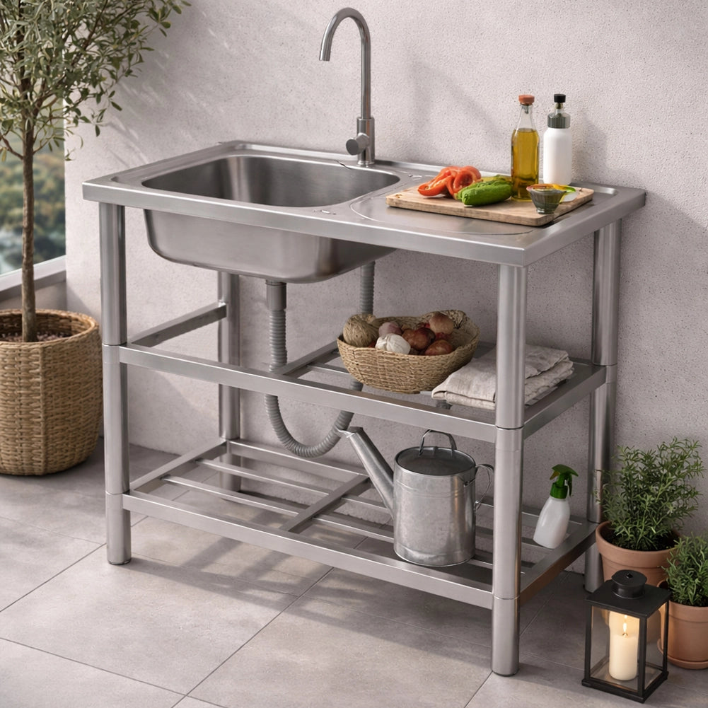 Lavello in Acciaio Inox Rubinetteria e Kit Sifone Ideale per Esterno 75x40x80cm