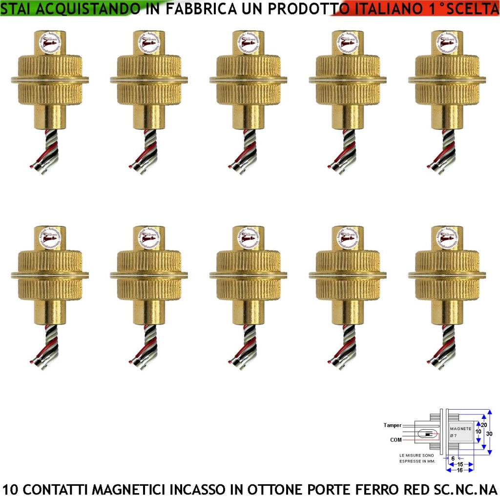 Sensore Magnetico a Cilindro In Ottone da Incasso 10 Pezzi Contatto Allarme Reed a Scambio Rileva Posizione Cancello Aperto o Chiuso Campo 20 mm 5 Fili 3 C.NC.NA 2 Tamper Max 30 V 10 W Protezione IP65