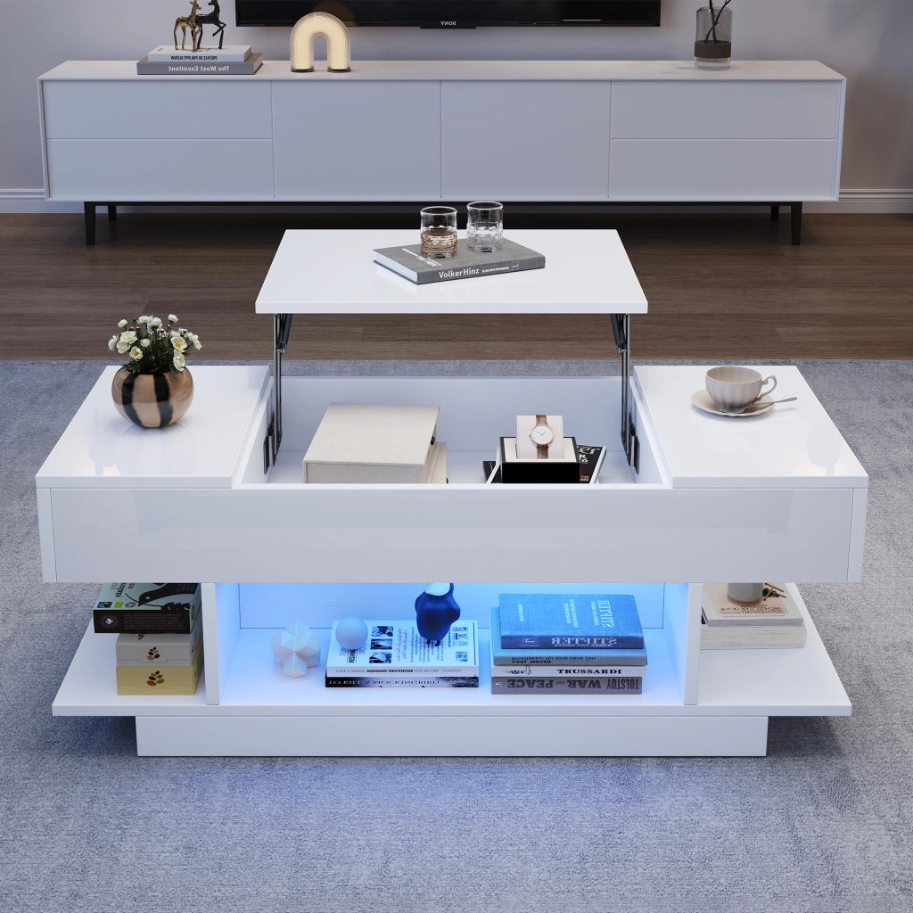 Tavolino basso sollevabile con piano rialzabile 2 vani con anta a ribalta 4 vani aperti LED bianco 98 × 45 × 40 cm