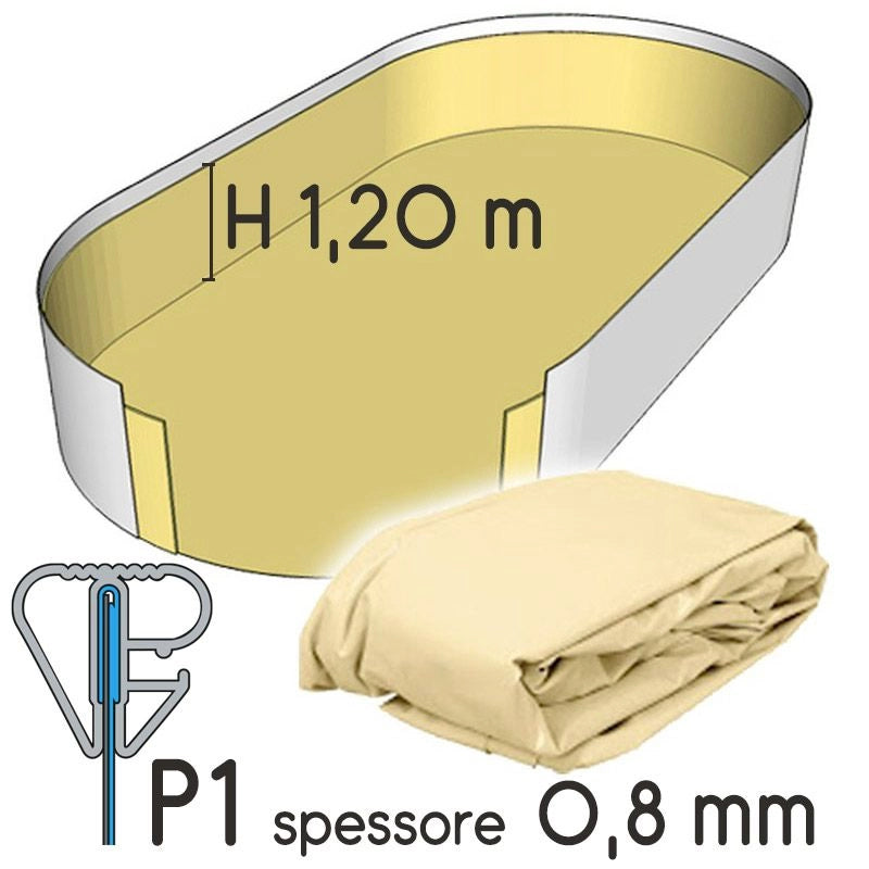 Liner Per Piscina A Forma Ovale 6,30 X 3,60 H.1,50 M Sabbia - Attacco P3 - Spessore 0,80 Mm Tipo attacco: P1, Colore: Sabbia, Altezza: 1.20 m