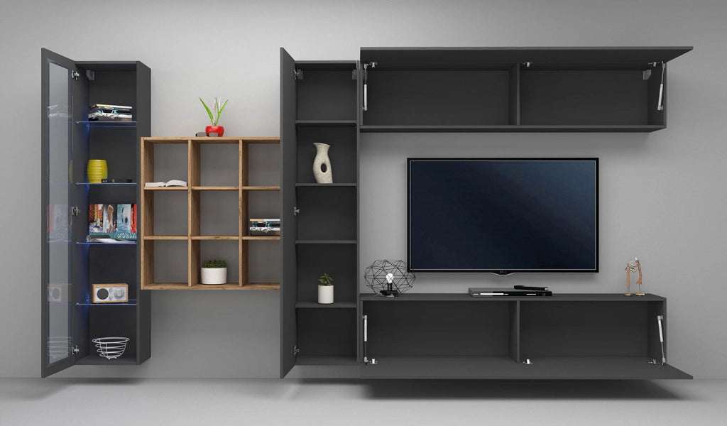 Parete Attrezzata Soggiorno 350x30x180 cm Maruska n°23 Grigio Antracite Opaco/Rovere Wotan