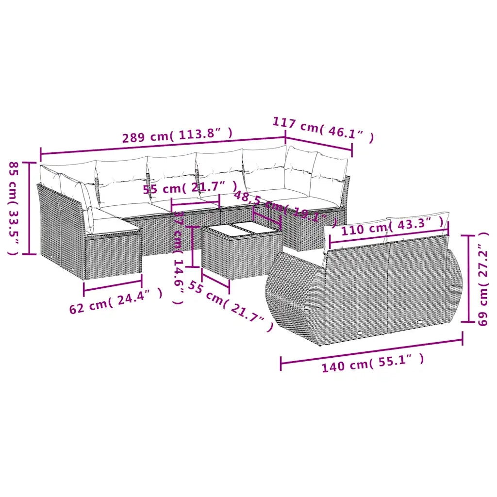 Set Divani da Giardino 10pz con Cuscini in Polyrattan Marrone 3254170