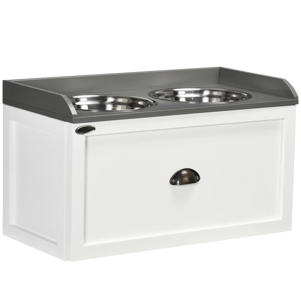 Ciotola per cani con cassetto, ciotola rialzata 2x2L, stazione di alimentazione in acciaio inox per cani e gatti, colore bianco.