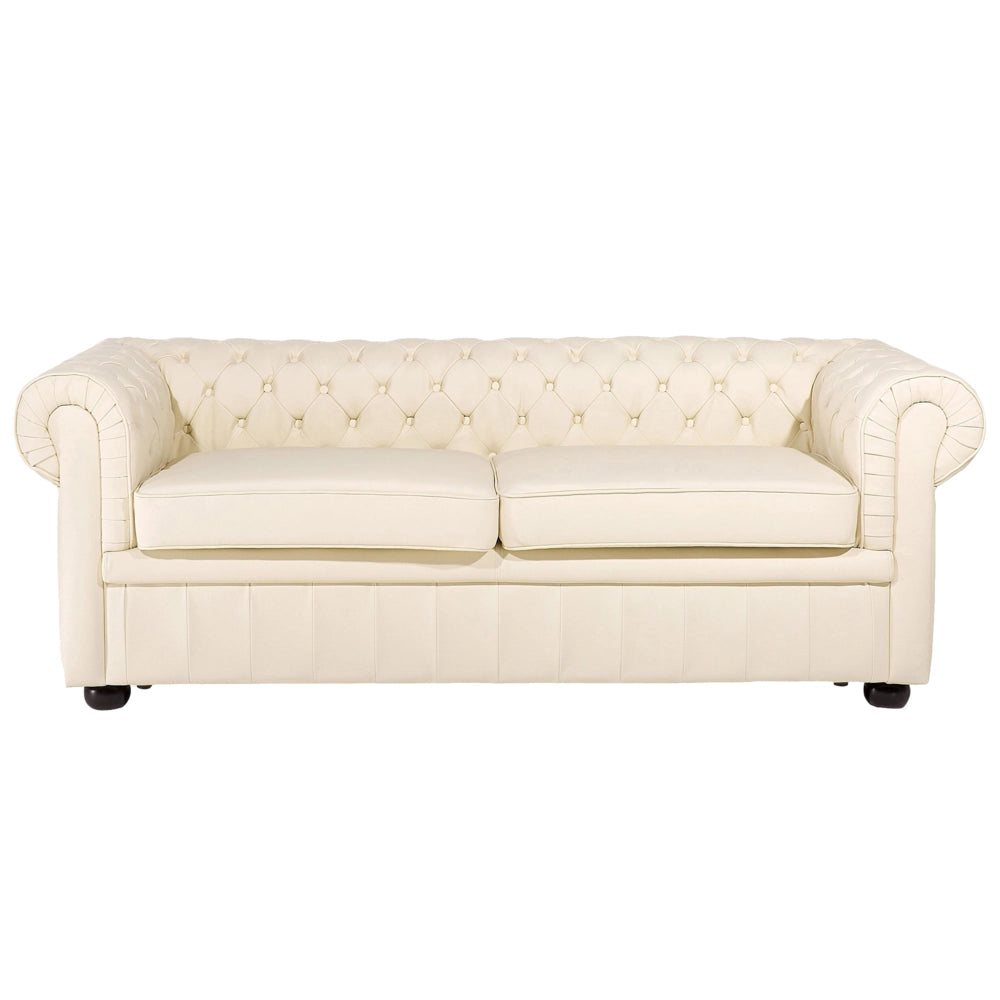 Set soggiorno Chesterfield tappezzeria in pelle crema gambe in legno scuro divano a 3 posti + poltrona contemporanea