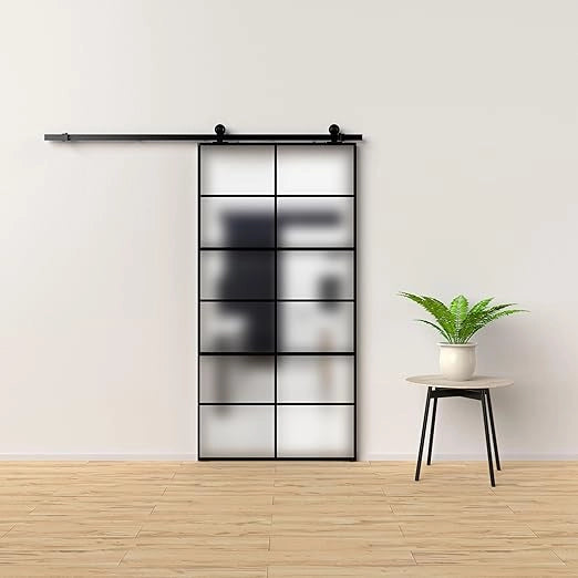 Porta Scorrevole Nera 96X220H Cm Con Vetro Satinato Serigrafato E Cornice In Alluminio Colore Nero P1469614/N