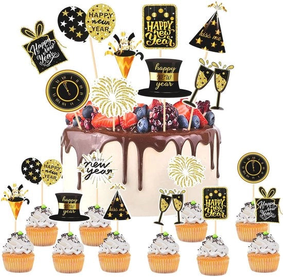 Decorazioni per Cupcake 20 pezzi - Decorazioni per la Vigilia di Capodanno - Decorazioni per il Nuovo Anno - Decorazioni Vittoriose - Cartone di Alta Qualità - Nero Oro