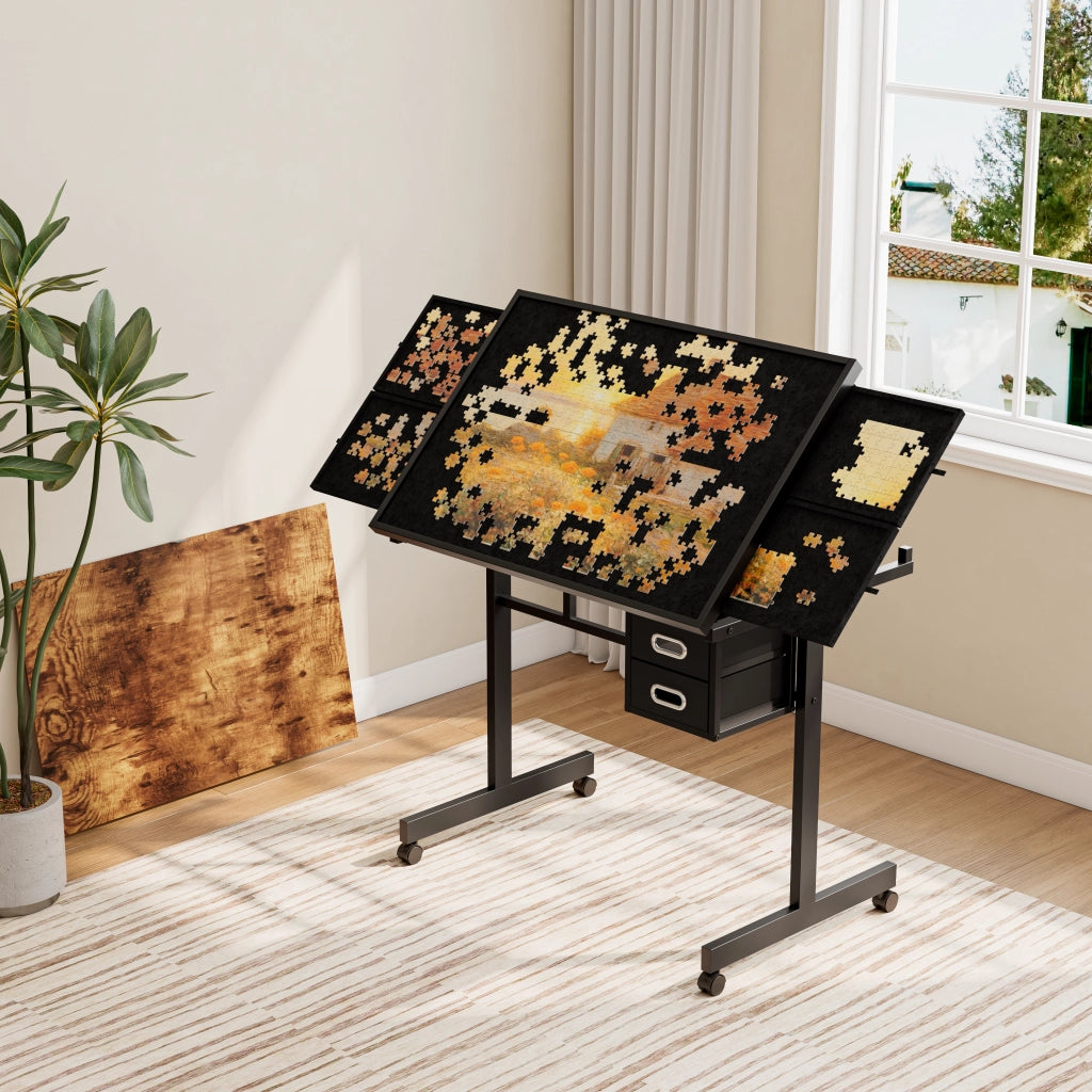 Tavolo portapuzzle con coperchio in legno, 4 cassetti in feltro, 2 cassetti e ruote nero 98,0 × 64,5 × 11,5 cm