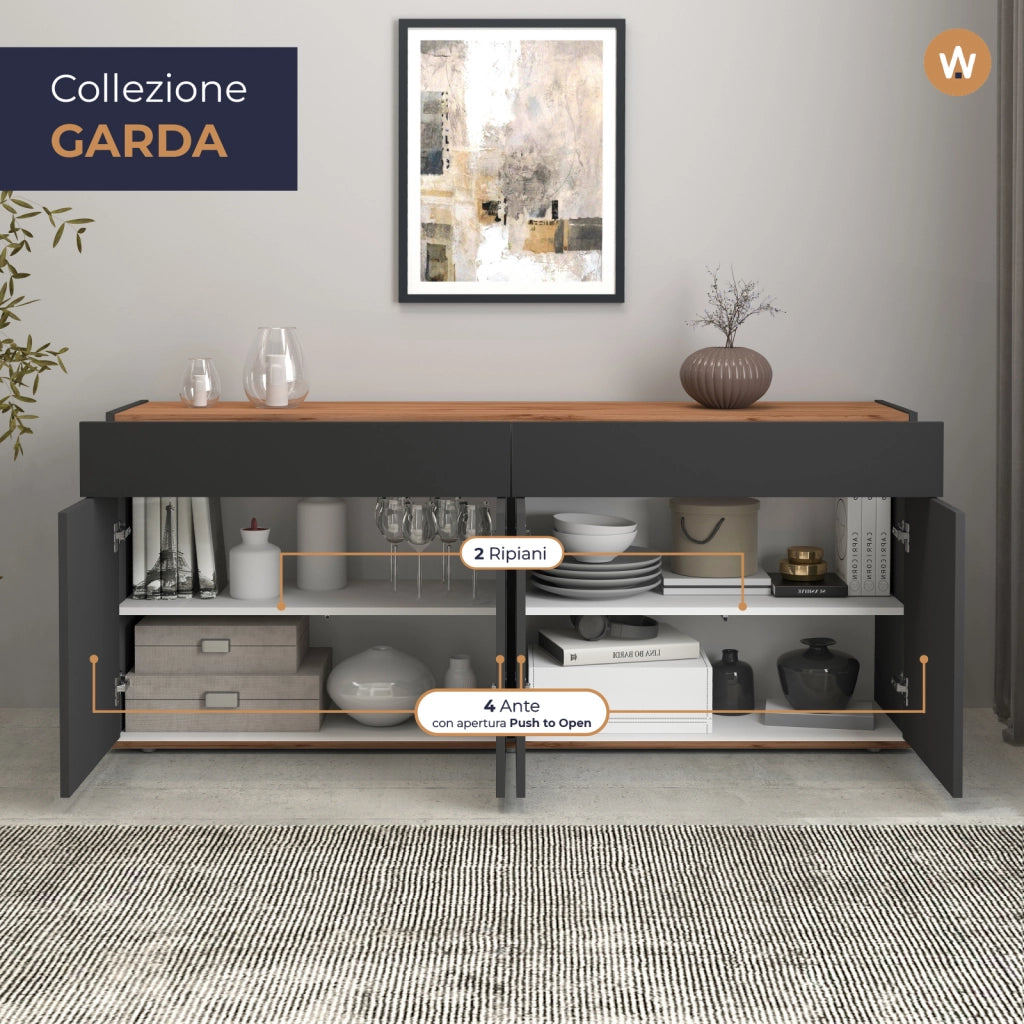 WHOUS Credenza Garda 4 ante e 2 cassetti antracite opaco e rovere 160,1x35x70 cm