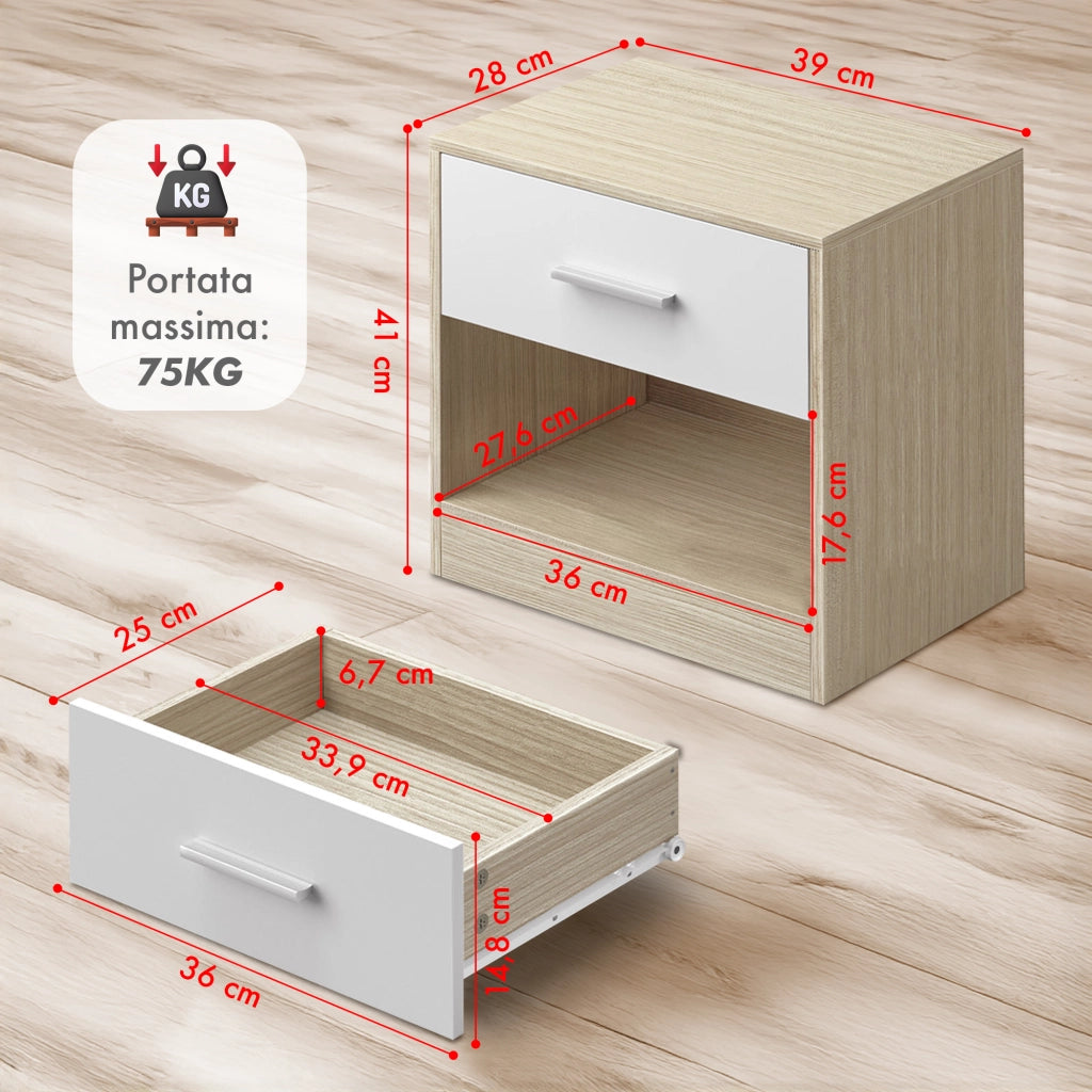 Comodino Moderno Cassetto Con Maniglia E Scomparto Aperto Camera Da Letto Portalibri Oggetti Mensola Libreria  - Naturale