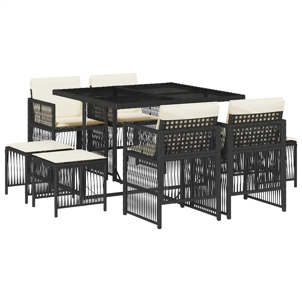 Set da Pranzo da Giardino 9 pz con Cuscini Nero in Polyrattan 3210954