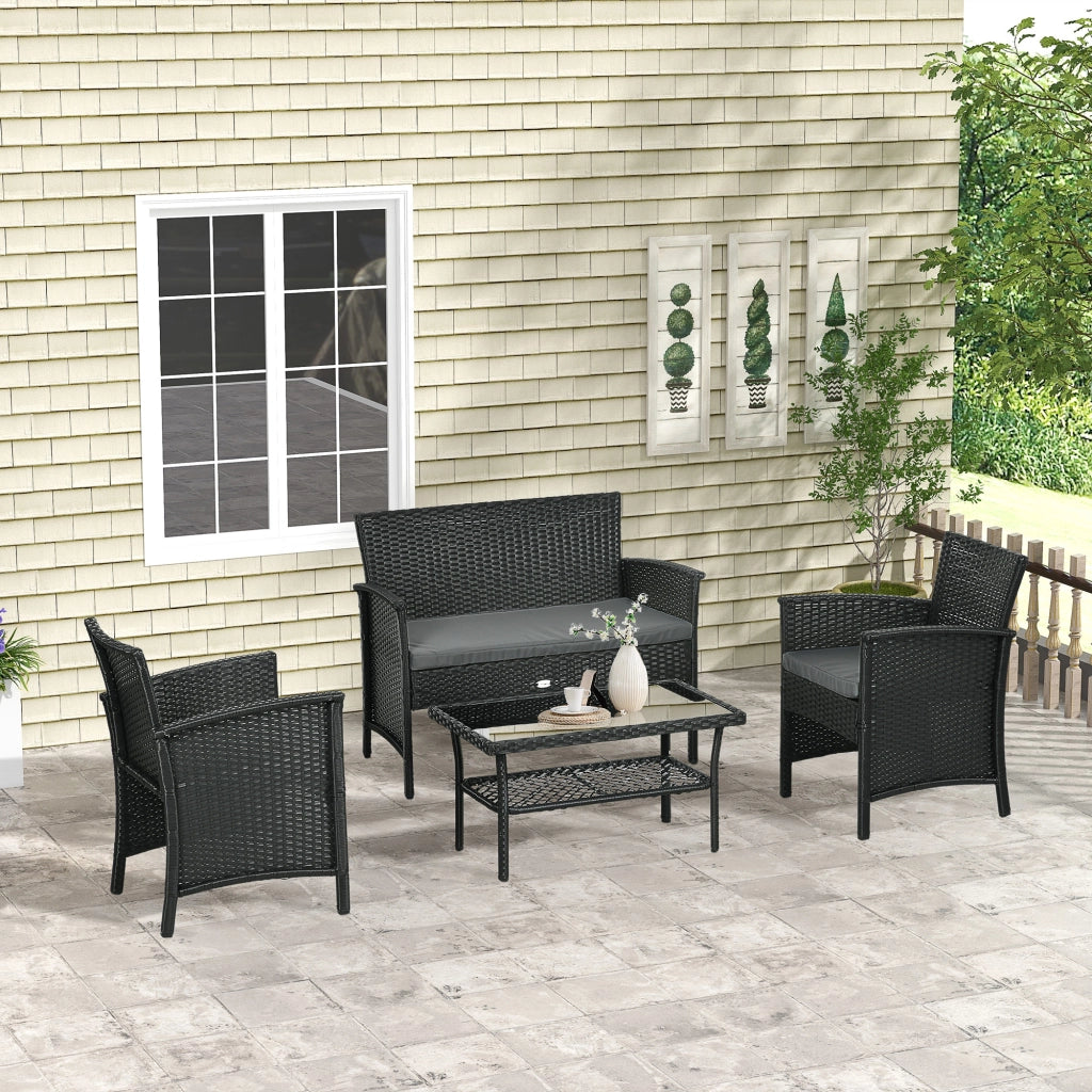 EasyComfort Salotto da Esterno Rattan PE con Divanetto, 2 Poltrone con Cuscini e Tavolino in Vetro, Nero e Grigio