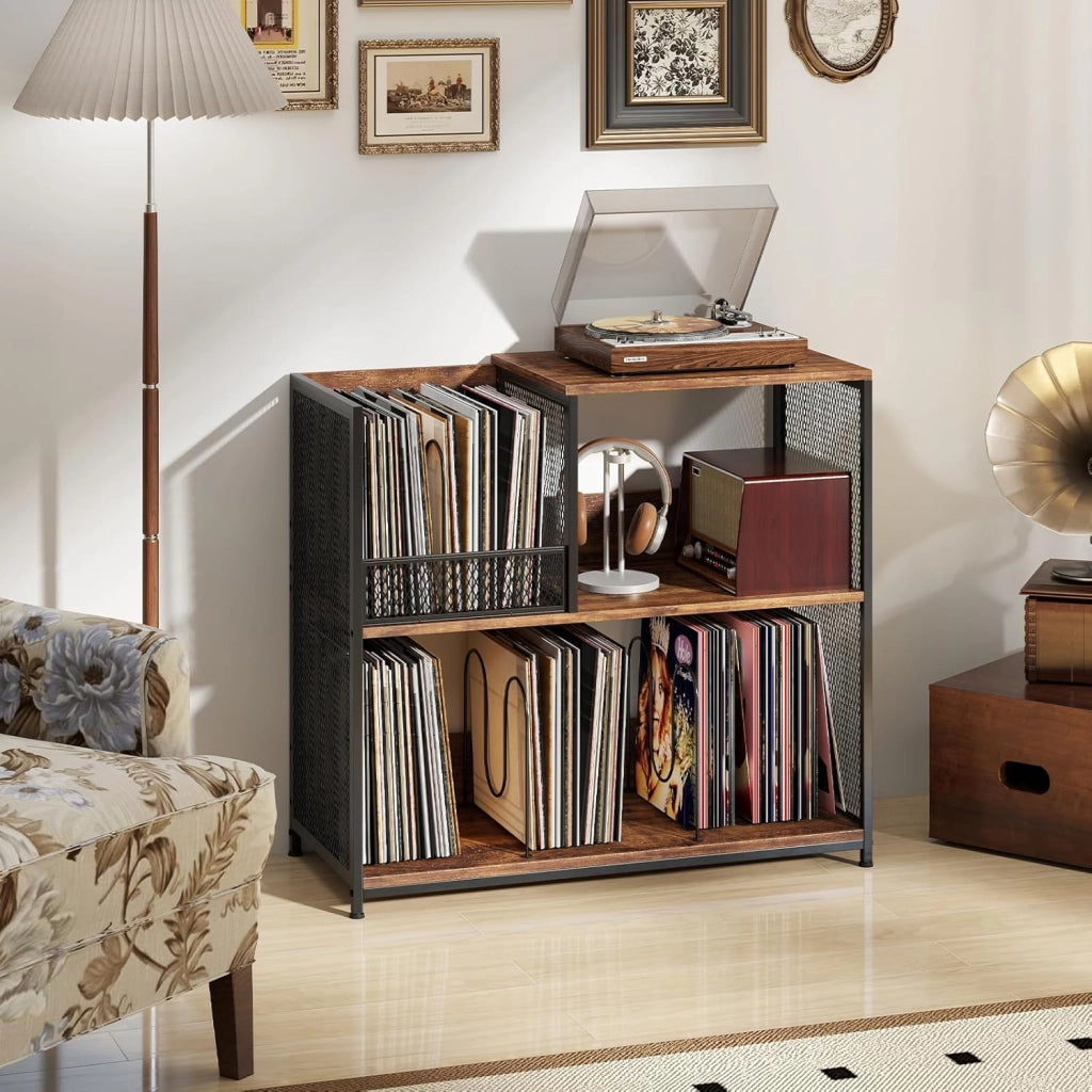 Supporto per Giradischi a 3 Ripiani, Fino a 300 Album, Porta Giradischi Vinili con 3 Separatori Rimovibili e Struttura in Metallo, Mensola di Archiviazione per Soggiorno, 83x36x76,5 cm