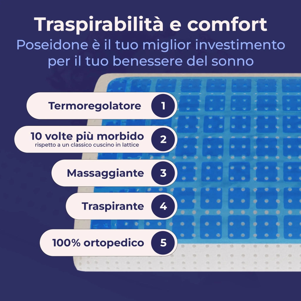 Cuscino in memory foam con Gel - Termoregolatore e Anti-Sudore - Poseidone - 72x42x12cm