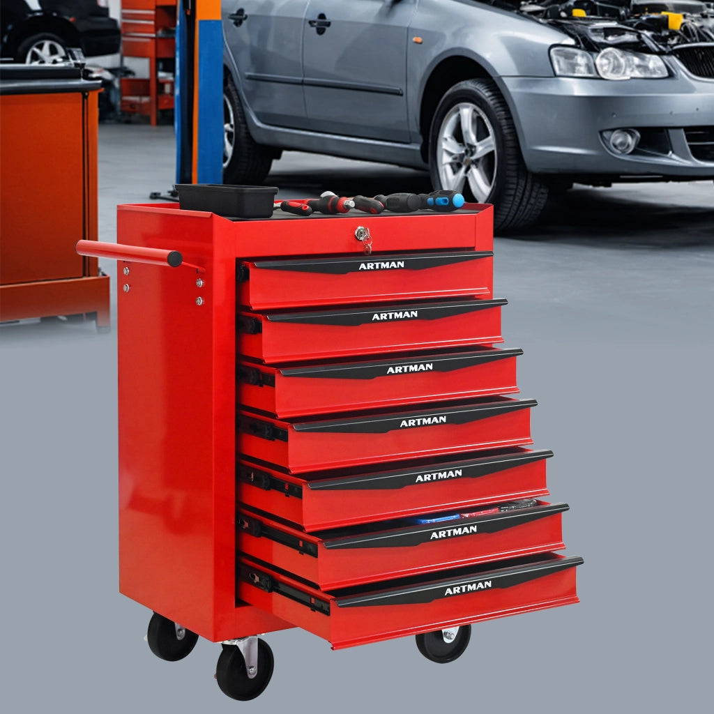 Carrello portautensili con 7 cassetti; chiusura a chiave; per garage; in acciaio; rosso nero