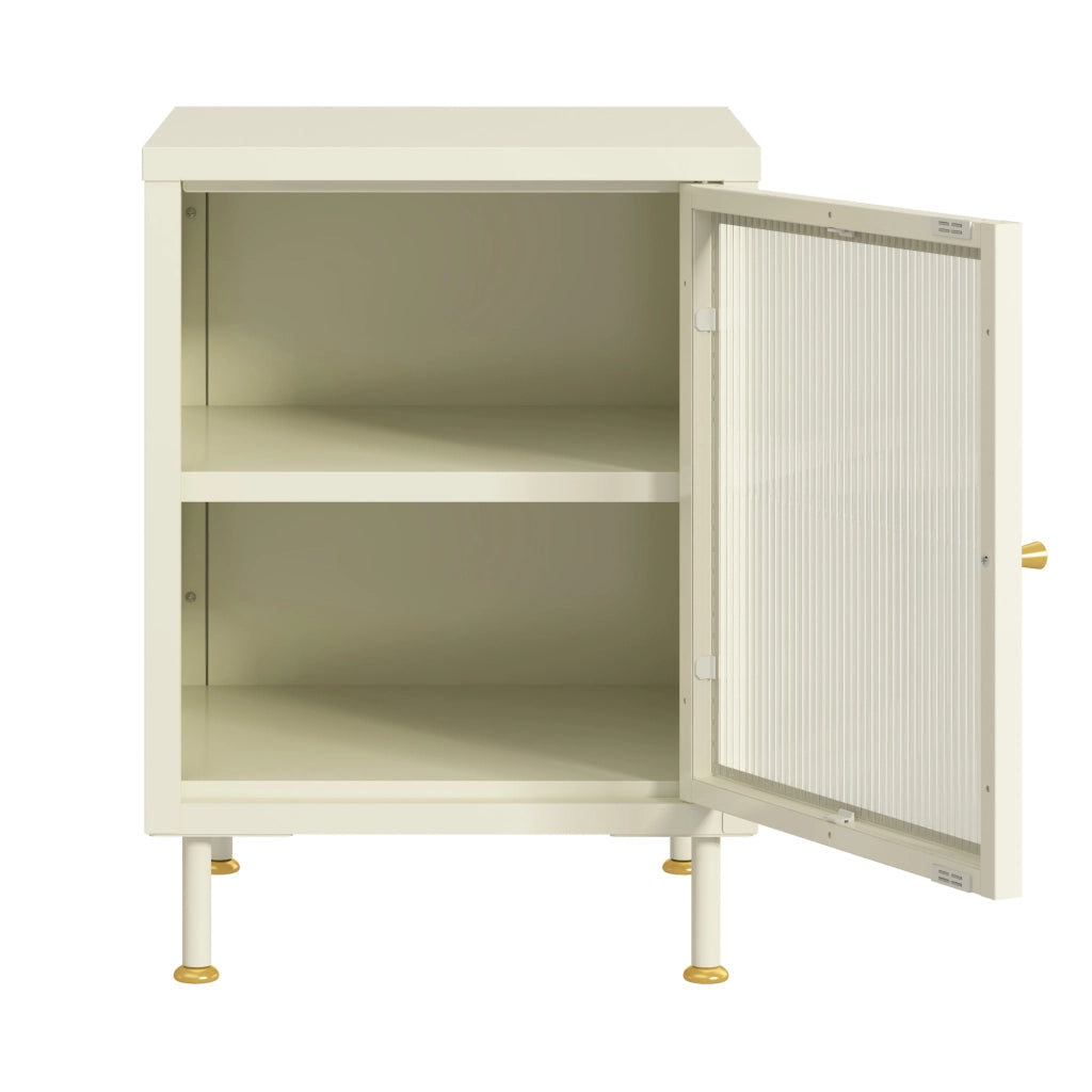 Armadietto in Acciaio Lindau con Anta in Vetro Scalanato 56x40x40 cm Bianco Crema [en.casa]