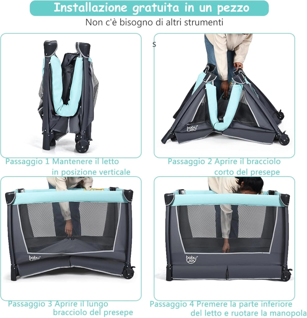4 in 1 Lettino Neonato da Viaggio Pieghevole con Materasso, Culla da Campeggio con Fasciatoio e Giocattolo, per Bambini 0-36 Mesi fino a 15 kg (Grigio-Azzurro)