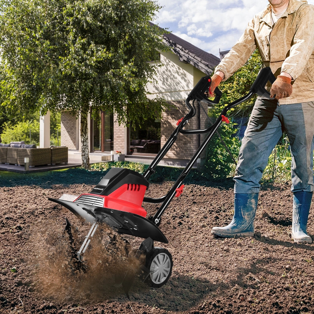 Dissodatore elettrico e coltivatore, Mini coltivatore con maniglia pieghevole e ruote regolabili, Rosso e nero-Attrezzi da giardino