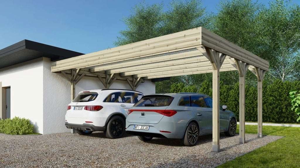 Tettoia posto auto coperto in legno 6.06x5.03 m - 30 m2 - copertura PVC   - CAR5PVCTR - ALTANKA