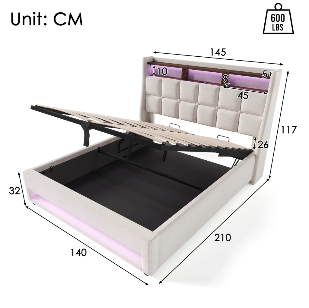 Letto imbottito 140x200 cm; LED e USB; lino beige (Senza materasso)