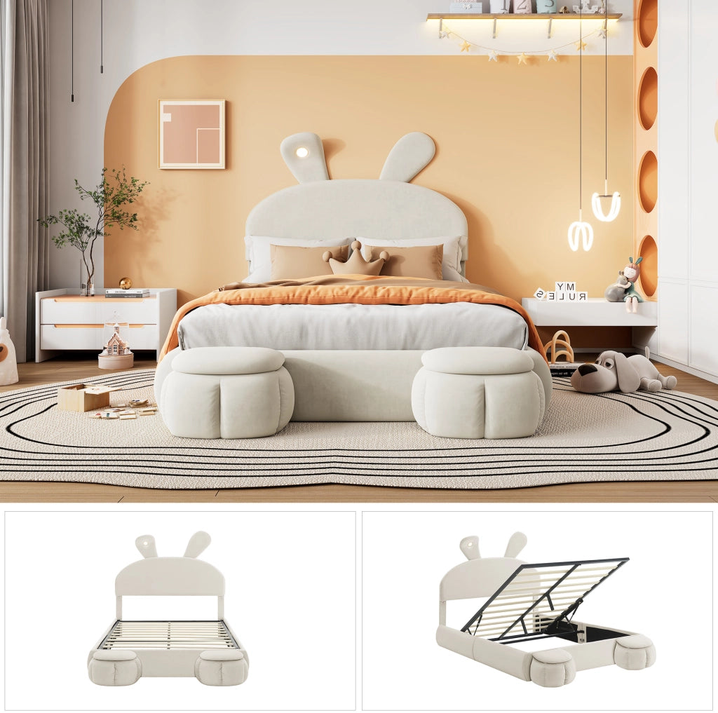 Letto imbottito 140x200 cm con contenitore e LED in velluto beige