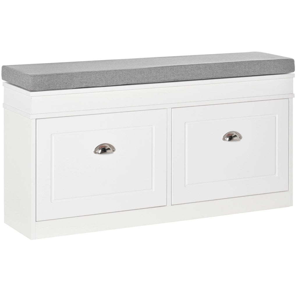 EasyComfort Panca Scarpiera Salvaspazio in Legno con Cuscino, 2 Cassetti con Mensola Regolabile per 8 Scarpe, 104x24x55cm, Bianco
