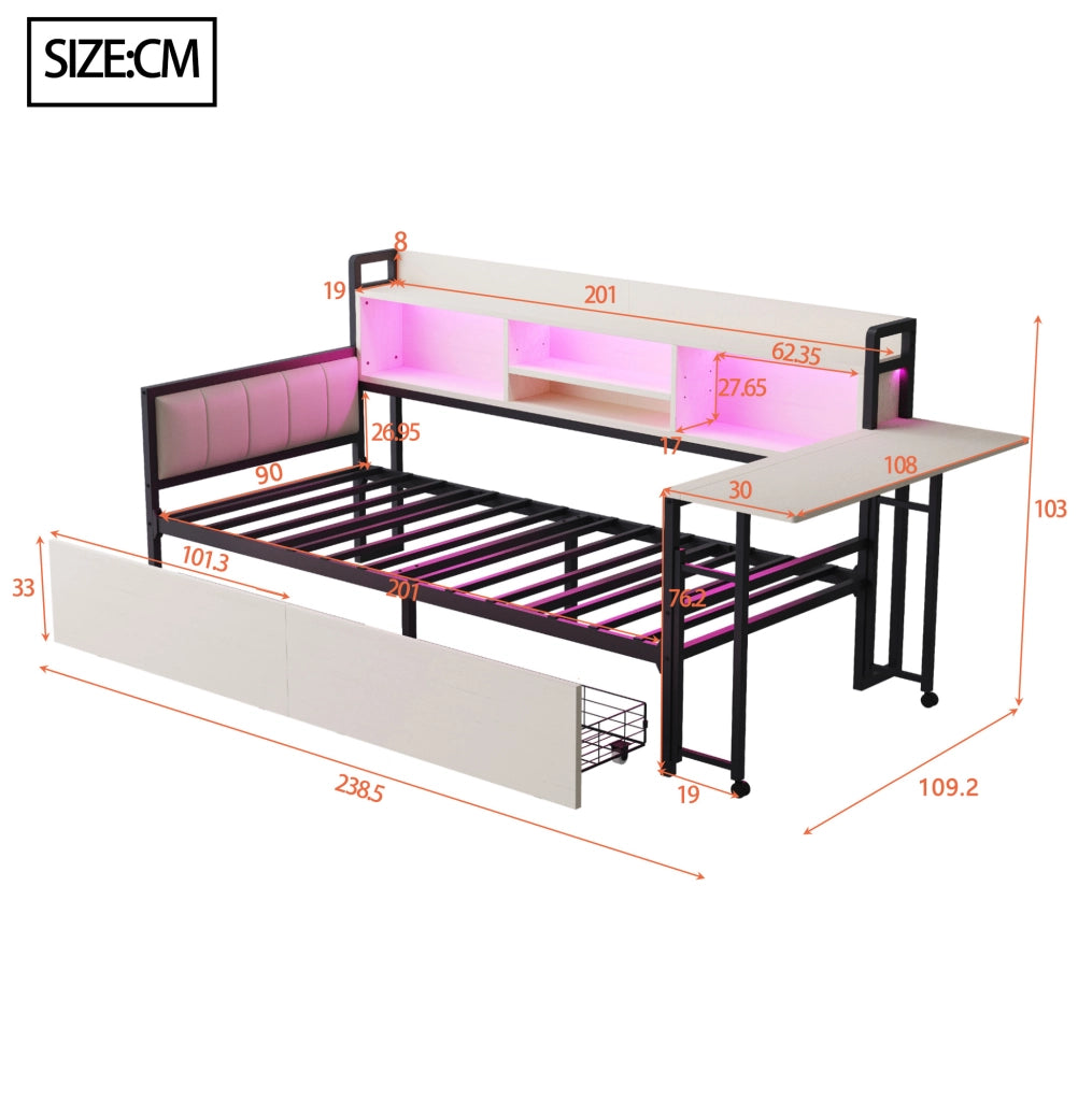 Letto 90x200 cm con scrivania estraibile; LED e cassetti