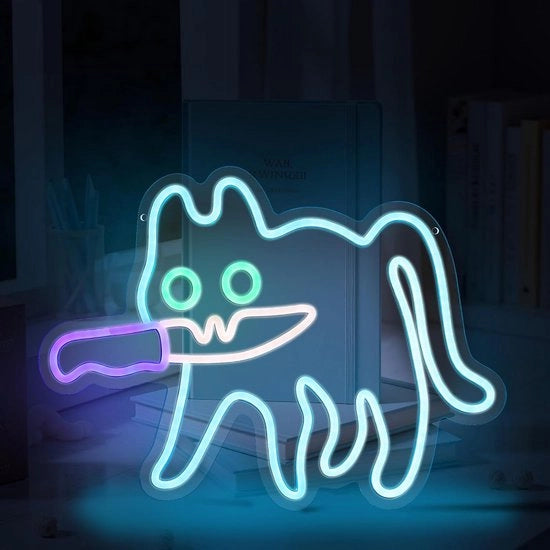 Segnale neon a forma di gatto con lampada LED blu, con ganci e catenella, decorazione per camera da letto, zoo di animali, caffè per gatti, casa, negozio, man cave, bar a casa.