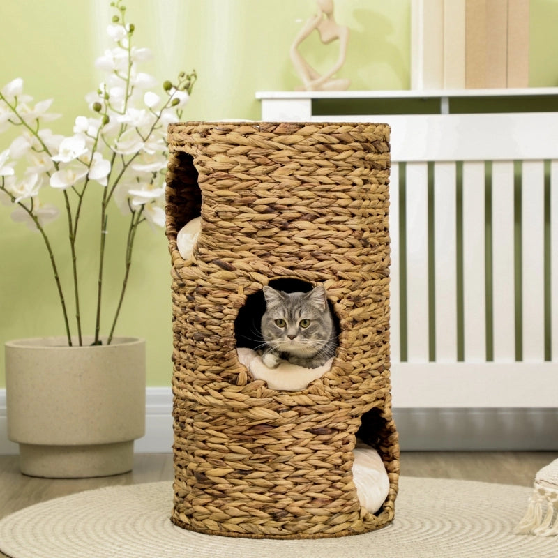 Cuccia per gatti a 3 livelli, 3 ingressi, design boho, cuscino incluso, 40 cm x 40 cm x 73 cm, marrone chiaro + bianco crema