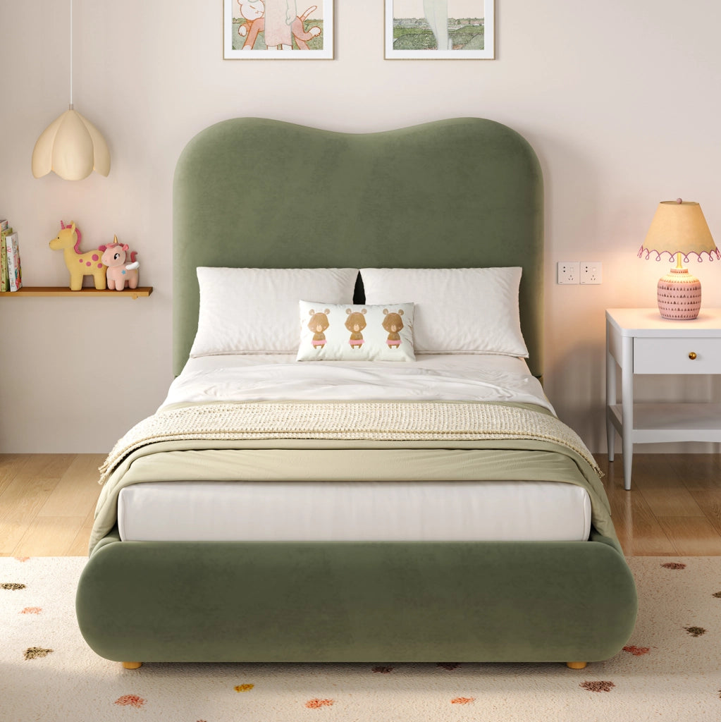 Letto imbottito per bambini con contenitore e testiera in velluto verde